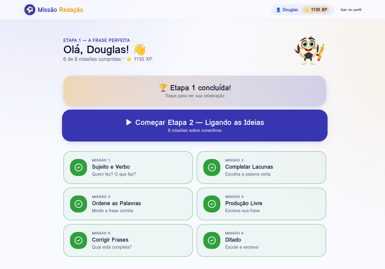 Tela real da trilha com seis etapas, missões e desbloqueios